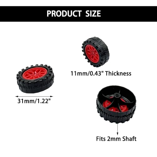 30PCS Toy Car Wheels 2mm Dia Shaft Plastic Car Wheels with 15PCS Shaft Round Rod Axles for DIY Model Toys RC Car Truck Robot Parts (Red) - color: Red