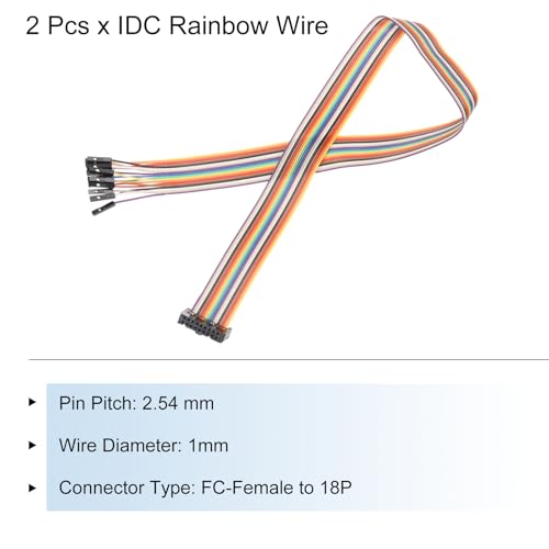 MECCANIXITY 2 Pcs IDC Rainbow Wire Flat Ribbon Cable FC-Female to 18P 11.8 Inch Length 2.54mm Pitch Breadboard Jumper Wires for Electronic Projects - size: 11.8 Inch, style: 18 Pin
