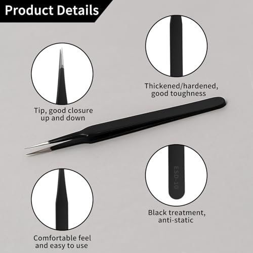 6 pcs Precision Tweezers Set, ESD Tweezers Set, Anti-Static Stainless Steel Tweezer for Electronics Craft Repair Jewelry Making Repair Tweezer Kit(Black)