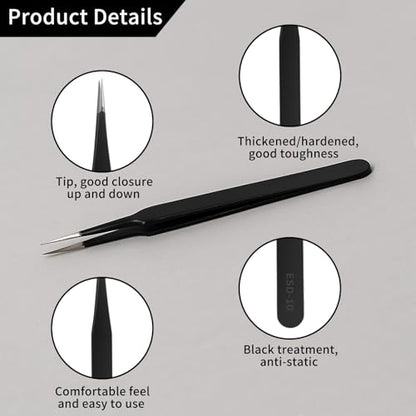 6 pcs Precision Tweezers Set, ESD Tweezers Set, Anti-Static Stainless Steel Tweezer for Electronics Craft Repair Jewelry Making Repair Tweezer Kit(Black)