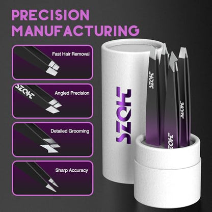 4-Piece Precision Tweezers Set - Stainless Steel Slant, Pointed, Flat & Angled Tips forEyebrow Shaping, Facial & Ingrown Hair Removal - Eco-Friendly Gift Packaging - Women& Men - color: Black-red