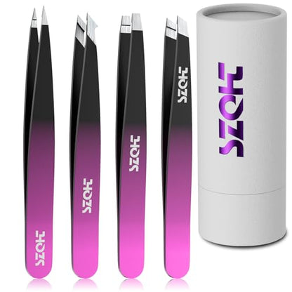 4-Piece Precision Tweezers Set - Stainless Steel Slant, Pointed, Flat & Angled Tips forEyebrow Shaping, Facial & Ingrown Hair Removal - Eco-Friendly Gift Packaging - Women& Men - color: Black-red