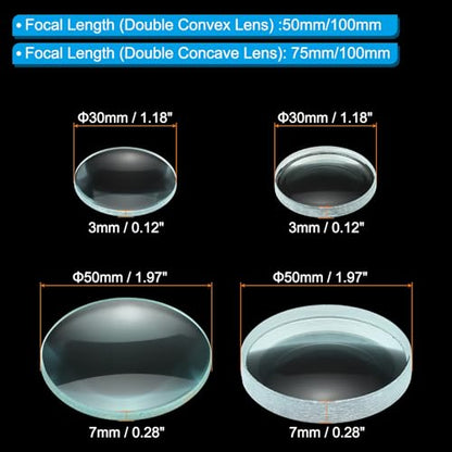 PATIKIL Convex Lens, 50-75 100-100mm Focal Length 30/50mm (1.18/1.97") Diameter Round Glass Magnifying Telescope Lens Trial Set Ground Edge for Lab Physics Class Optics, 4 Pcs - size: 50/-75/100/-100mm FL, 30/50mm Dia.