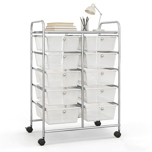 COSTWAY 10 Drawer Rolling Storage Cart, Utility Cart with Lockable Wheels - color: Transparent, size: 10 Drawer