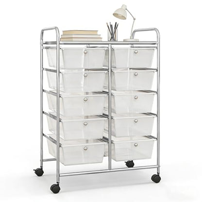 COSTWAY 10 Drawer Rolling Storage Cart, Utility Cart with Lockable Wheels - color: Transparent, size: 10 Drawer