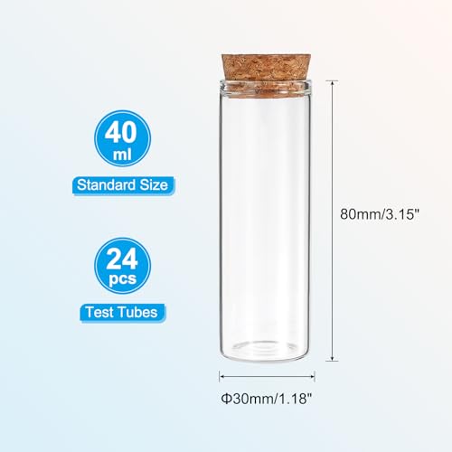 PATIKIL 40ml Test Tubes, 24pcs 3.15x1.18 Glass Clear Flat Bottom Test Tube Containers with Cork Stopper for Bead Party Candy Bath Salt Storage Scientific Experiment Plant Propagation - size: 40ml