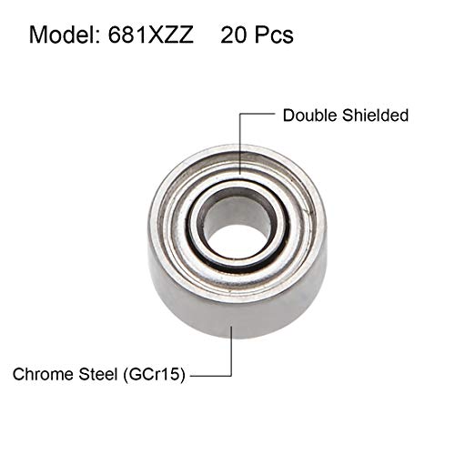 uxcell 681XZZ Deep Groove Ball Bearings 1.5mm Inner Dia 4mm OD 2mm Bore Double Shielded Chrome Steel Z2 20pcs