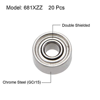 uxcell 681XZZ Deep Groove Ball Bearings 1.5mm Inner Dia 4mm OD 2mm Bore Double Shielded Chrome Steel Z2 20pcs
