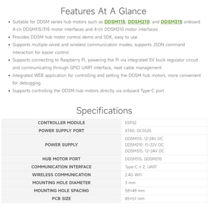 Waveshare Direct Drive Servo Motor Driver Board, Support ESP Now, Integrates ESP32 and Control Circuit, Suitable for DDSM Series Hub Motors
