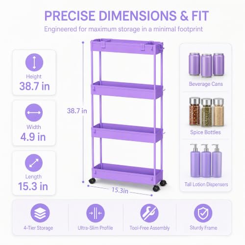 SPACELEAD Slim Storage Cart 3 Tier,Bathroom Organizer Rolling Utility,Mobile Shelving Unit Slide Out for Office, Kitchen, Laundry Room & Narrow Places,Purple - color: Purple