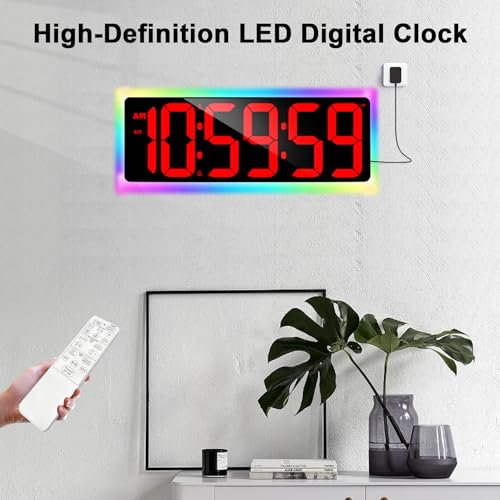 TXL 17.2" WiFi Digital Wall Clock with Seconds, Large Countdown Timer for Classroom Home Gym Office, Alarm Clock with Remote Control, RGB Ambient Lights, 4 Dimmable Brightness, Auto DST(Red) - color: Red
