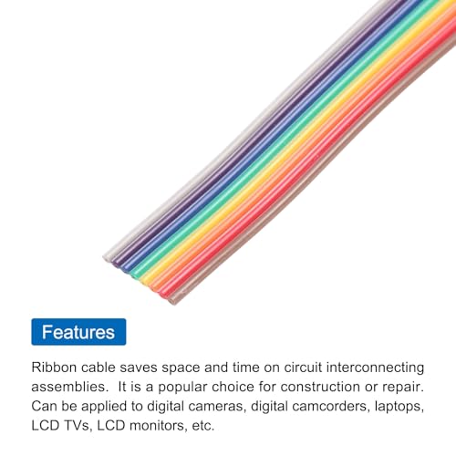 MECCANIXITY 1 Pcs 8 Pin Flat Rainbow Ribbon Cable 20 Ft 1.27mm Pitch Breadboard Jumper Wires for Electronic Projects - size: 20 Ft, style: 8P