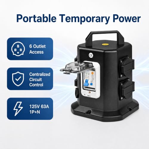 Power Distribution Box, Portable 125V Breaker Box with 6 x NEMA 5-20 Outlet, IP65 Weatherproof Temporary Power Outlet Box for Construction Sites, Factories and Workshops