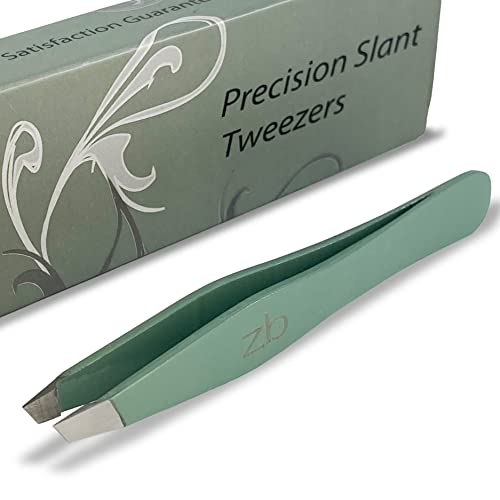Tweezers – Surgical Grade Stainless Steel - Slant Tip for Expert Eyebrow Shaping and Facial Hair Removal – with Protective Pouch (Sage) - color: Sage