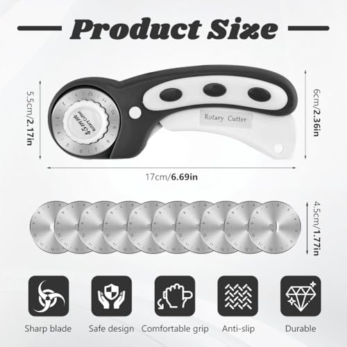 45mm Rotary Cutter for Fabric, Rotary Quilting Cutter with 10 Pcs Blades - color: Black