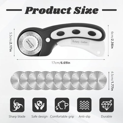 45mm Rotary Cutter for Fabric, Rotary Quilting Cutter with 10 Pcs Blades - color: Black