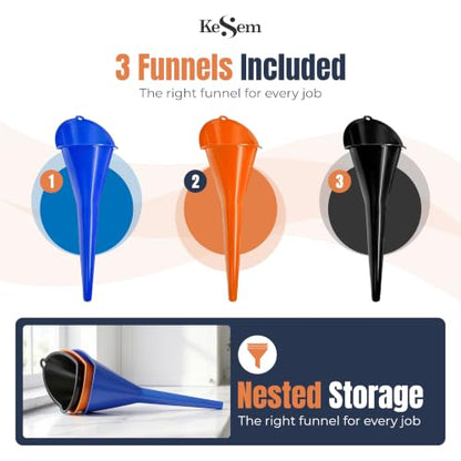 3pc Automotive Oil Funnel Set, Long Neck Plastic Funnels for Oil Change, Gas, Fuel, Diesel, Coolant & Transmission Fluid, Multi Purpose Car Funnel Kit for Auto Fluids or Kitchen Use