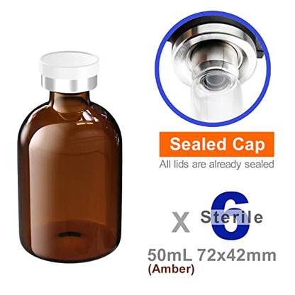 Sterile Empty Vials with Self Healing Injection Port and Aluminum Plastic Cap,Sterile Package (50ml Amber 6PCS) - size: 50ml Amber 6PCS