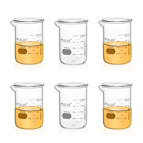 ULAB Heavy Duty Glass Beakers, 6pcs of Vol.250ml(8.45oz), Borosilicate 3.3 Glass, Thick Wall Beakers, with Double Scale, Superior Durability & Chemical Resistance, UBG1055 - style: 6pcs of Vol.250ml