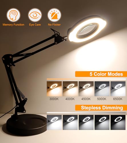 10X 15X Magnifying Glass with Light and Stand, LED Desk Magnifying Lamp with Base and Clamp, 5 Color Modes, 10 Dimmable Levels Lighted Desktop Magnifier for Reading, Crafts, Jewelry, Sewing