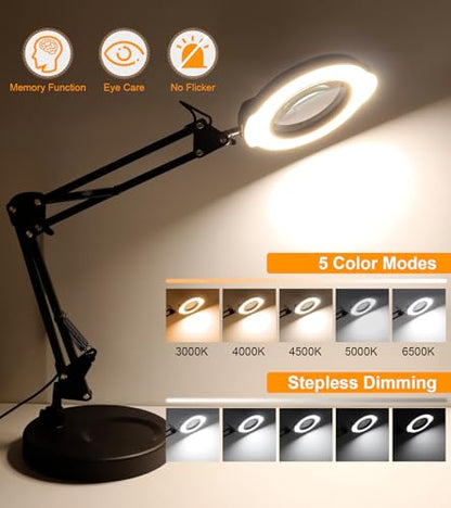 10X 15X Magnifying Glass with Light and Stand, LED Desk Magnifying Lamp with Base and Clamp, 5 Color Modes, 10 Dimmable Levels Lighted Desktop Magnifier for Reading, Crafts, Jewelry, Sewing
