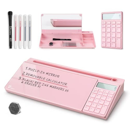 TOWON Glass Desk Whiteboard with Calculator 17x6 in, Desk Organizer, Pink - color: Cal Pink