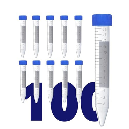 Kashi Scientific 15mL Screw Cap Conical Centrifuge Tubes, Sterile Test Tubes with Blue Lids, Lab-Grade Polypropylene Plastic, Printed Graduation and Write-on Spot [15mL, 100] - size: 15mL, Conical, Sterile