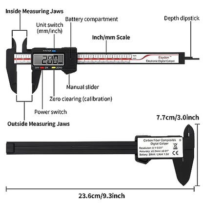 Digital Caliper, Esydon Upgraded Calipers 6 inch, Measuring Tool, Electronic Ruler, with Large LCD Screen, Auto-Off Feature, Inch and Millimeter Conversion, Plastic Case, Perfect for Household, DIY