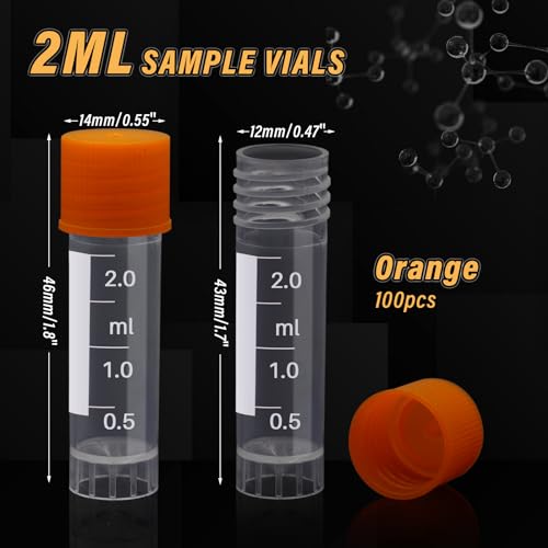 100 Pcs 2ml Vials Centrifuge Tubes Plastic Sample Small Cryogenic Vials with Screw Caps Graduated Bottles Test Tubes with Lids (Orange) - color: Orange