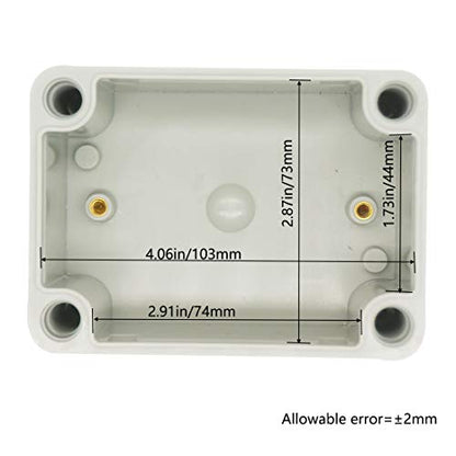 Zulkit Junction Box ABS Plastic Dustproof Waterproof IP67 Junction Boxes Universal Electrical Project Enclosure DIY Electronic Project Box Grey 4.33 x 3.15 x 3.35 inch (110 x 80 x 85 mm) - size: 4.33" x 3.15" x 3.35"
