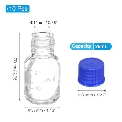 PATIKIL 10 Pack Reagent Media Storage Bottles, 25ml Borosilicate Glass Graduated Round Bottles with GL32 Blue Screw Cap for Lab Water Reagent Liquids, Clear - size: 25ml