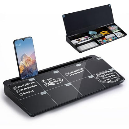 TSJ OFFICE Desktop Whiteboard Dry-Erase-Board - Computer Keyboard Stand White Board Surface Pad with Drawer, Desk Organizers with Accessories for Office, Home, School Supplies - color: Black Base/Glass-weekly Calendar