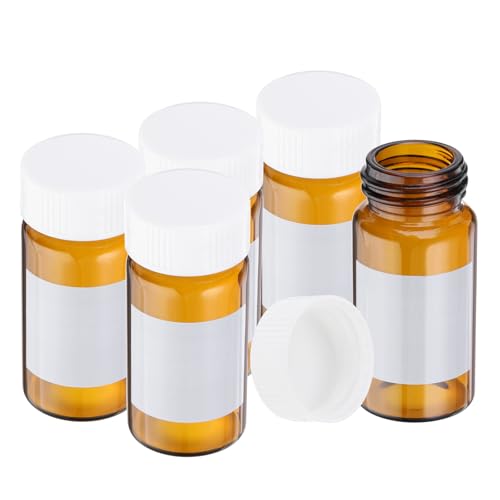 PATIKIL Small Glass Sample Bottles with Lids, 5 Pcs 20ml Amber Glass Vials with White Screw Caps Mini Leak Proof Reagent Sealed Bottles with Writing Label for Solid Liquid Powder Storage - color: White/Amber, size: 20ml