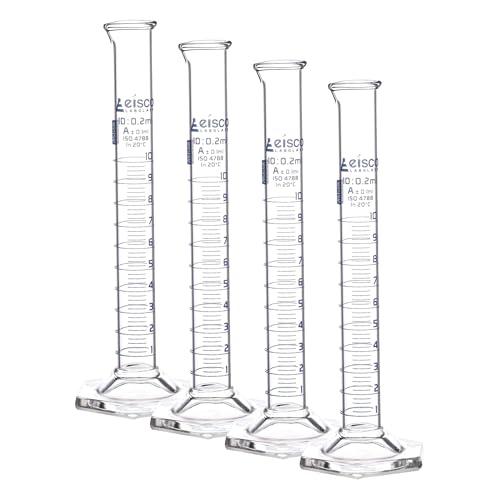 Graduated Cylinder, 10ml - Class A Tolerance ±0.10ml - Hexagonal Base - Blue Graduations - Borosilicate 3.3 Glass - Eisco Labs (Pack of 4) - size: 10mL (Pack of 4)