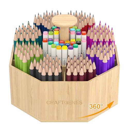 CraftGenes Bamboo Rotating Pen Organizer for Desk with 10 Compartments