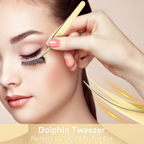 MORGLES Golden Lash Tweezers Set, 5 PCS Professional Eyelash Tweezers - color: Golden