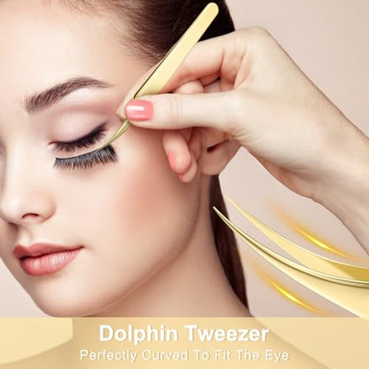 MORGLES Golden Lash Tweezers Set, 5 PCS Professional Eyelash Tweezers - color: Golden