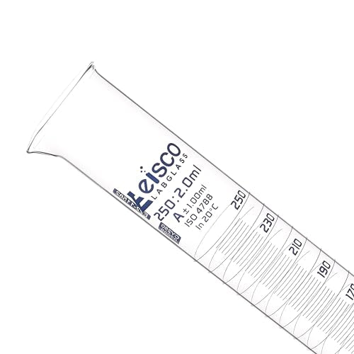 Graduated Cylinder, 250ml - Class A Tolerance ±1.00ml - Hexagonal Base - Blue Graduations - Borosilicate 3.3 Glass - Eisco Labs - size: 250mL