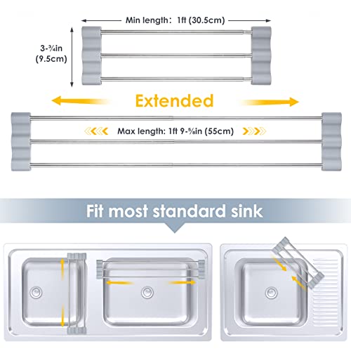 Tomorotec Adjustable Over-The-Sink Kitchen Rack for Dishcloths, Sponges, Bottles and Brushes - Heat-Resistant Stainless Steel with Slim, Expandable Design and Multifunctional Silicone Holder - color: Light Gray