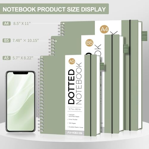 AHGXG Dotted Journal, Grid Spiral Notebook, 110 Pages, A4 (8.5" x 11") - color: Sage Green, style: A4-Dotted
