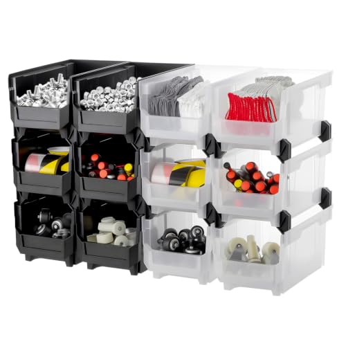 VEVOR Plastic Stackable Storage Bins, 14.8 x 8.5 x 7.1 inch (12 Pack), Plastic Containers for Organizing & Storage Bins for Garage, Small Parts, Office Supplies, Other Accessories, Black & Transparent - size: 14.8 x 8.5 x 7.1 in