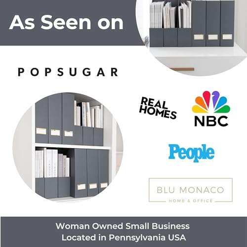 BLU MONACO | Set of 6 Foldable Grey Magazine File Holders with Gold Label Holders | Vertical File Organizer Boxes for Desk, Bookshelf & Home Office Storage - color: Grey