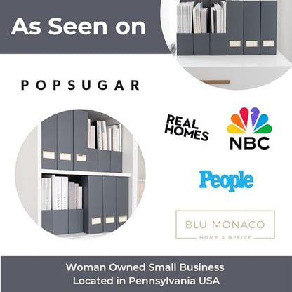 BLU MONACO | Set of 6 Foldable Grey Magazine File Holders with Gold Label Holders | Vertical File Organizer Boxes for Desk, Bookshelf & Home Office Storage - color: Grey