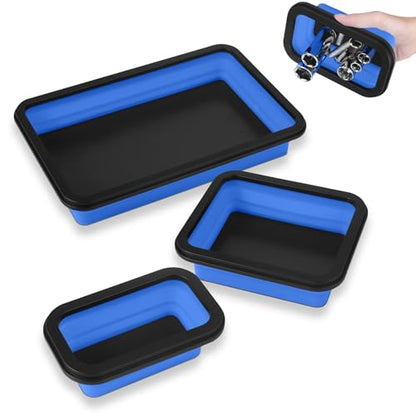 Collapsible Magnetic Parts Tray Set, 3 Different Size Tool Trays, Blue - color: Blue