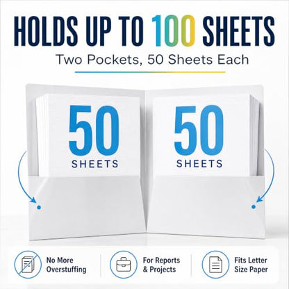 Better Office Products 2 Pocket Glossy Laminated White Paper Folders, Letter Size, 25 Pack, White Paper Portfolios, Box of 25 - color: White