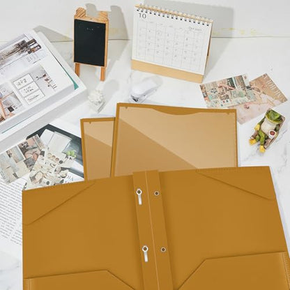 Henoyso 48 Pcs Plastic Folder with Clear Front Pocket and 3 Prongs Heavy Duty Plastic Folders with Card Slot Pocket Folders with Prongs for School Office Home(Brown) - color: Brown