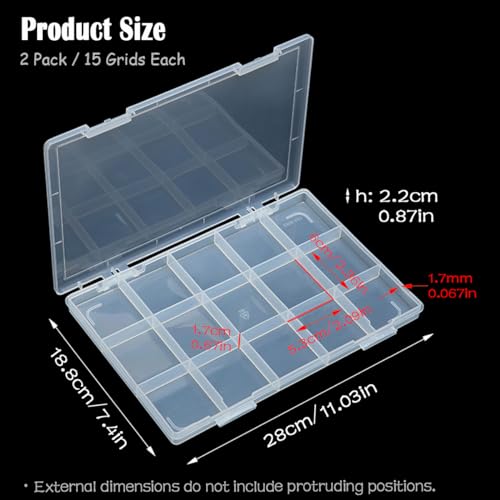 2PACK 15 Grids Clear Plastic Organizer Box, Beads Storage Containers Box Beads Crafts Jewelry Fishing Tackles and Small Items and Other Craft Projects - size: 15 Grids