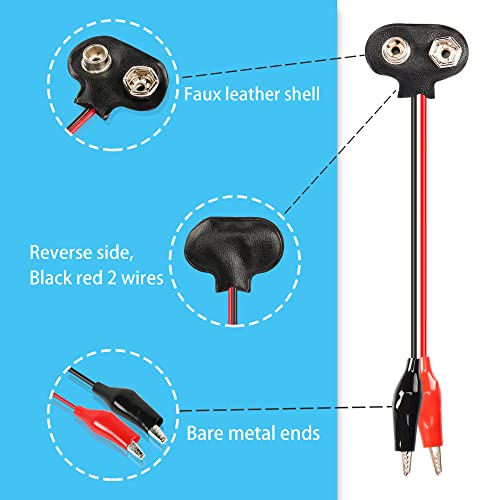 9V Battery Snap to Alligator Clips Cable,5 Pack Dual Alligator Clips to 9V Battery Snap Connector Cables（15cm）