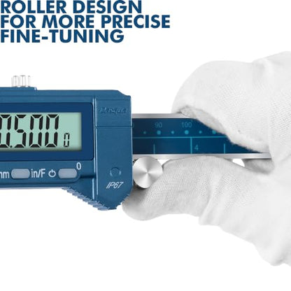 Dasqua 6”/150mm IP67 Absolute Origin Digital Caliper, Stainless Steel, Accuracy ±0.001”/0.02mm, Resolution 0.0005"/0.01mm/1/128, Water/Coolant/Dust Protection, in/mm/Fraction Conversion - color: Blue Case Cover, size: 6"/150mm