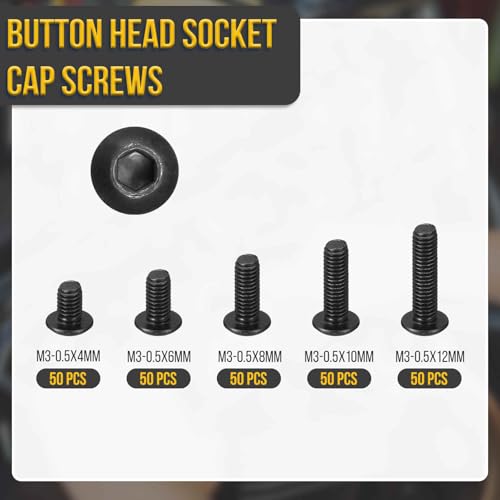 DTGN 250Pcs M3-0.5x4/6/8/10/12 Button Head Socket Cap Screw Carbon Steel - color: Black, size: M3-0.5x4/6/8/10/12mm